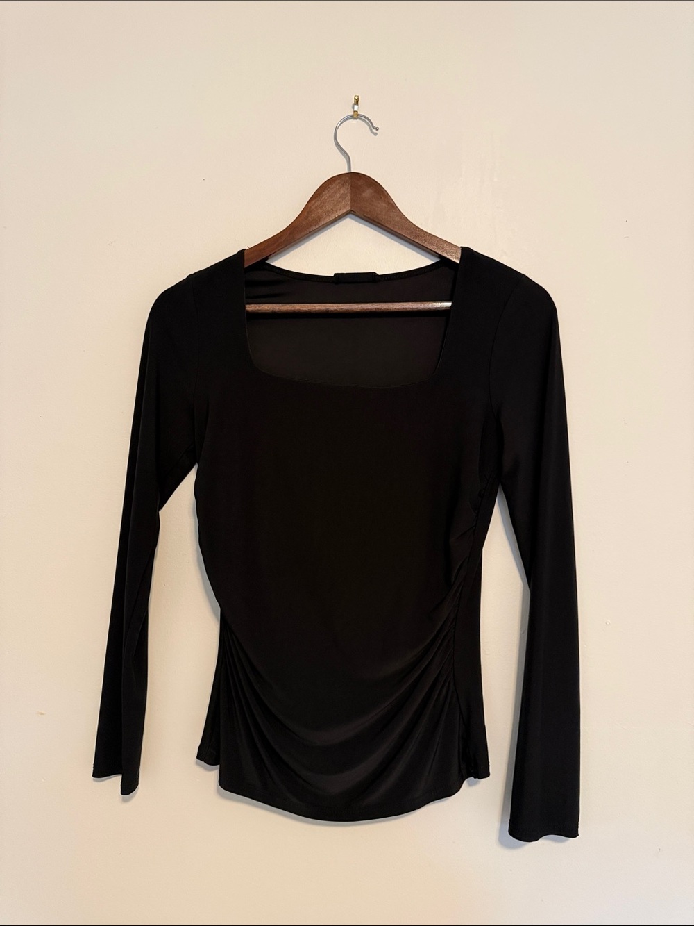 AllSaints Ruched Slimming Modest Classy Black Long-Sleeve Square Neck Top